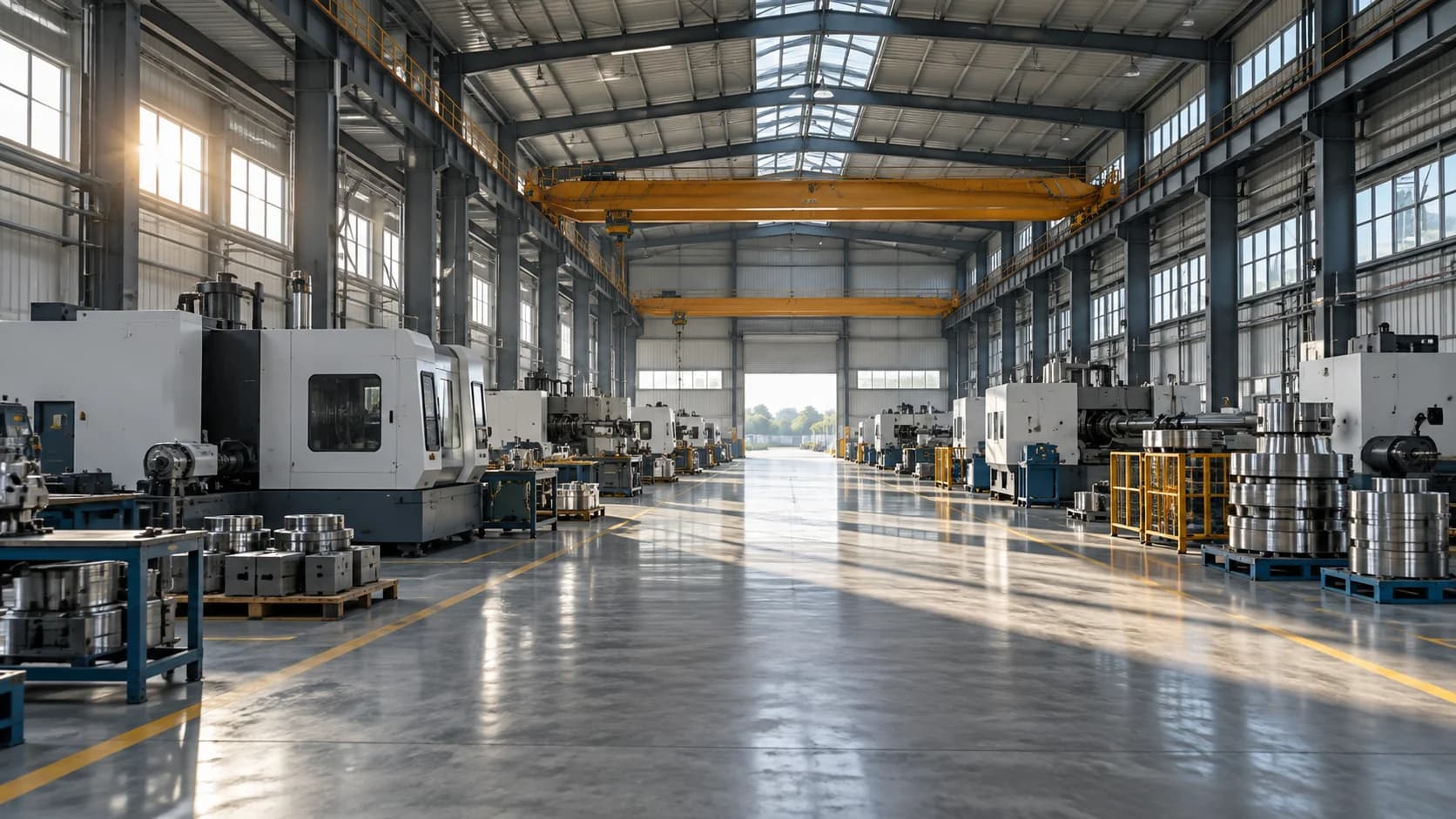 Industrial machine hall with architectural steel beams and natural light